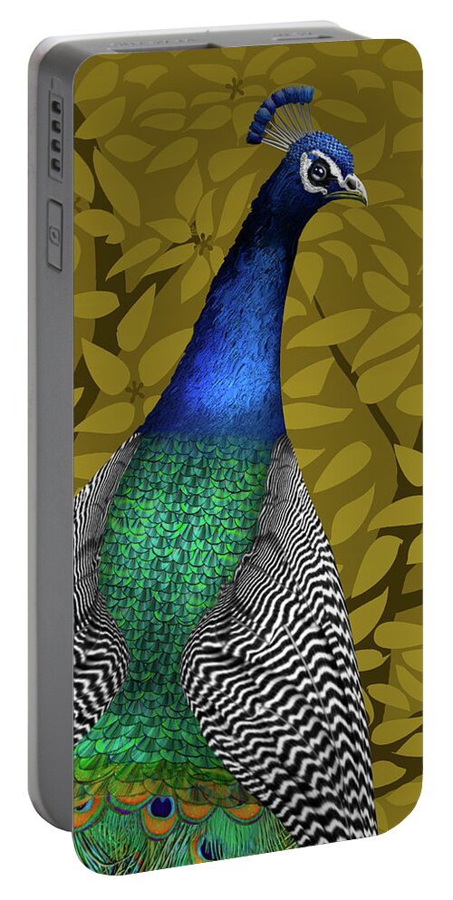 Peacock In Tree Portable Battery Charger featuring the painting Peacock in Tree, Raw Umber, Square by David Arrigoni