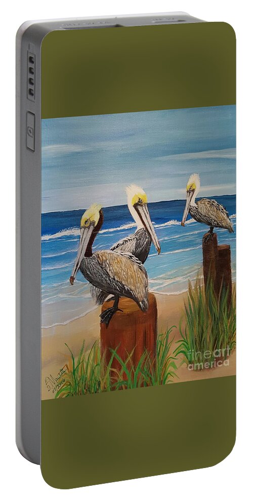 Pelicans Portable Battery Charger featuring the painting Pelicans Perched by Elizabeth Mauldin