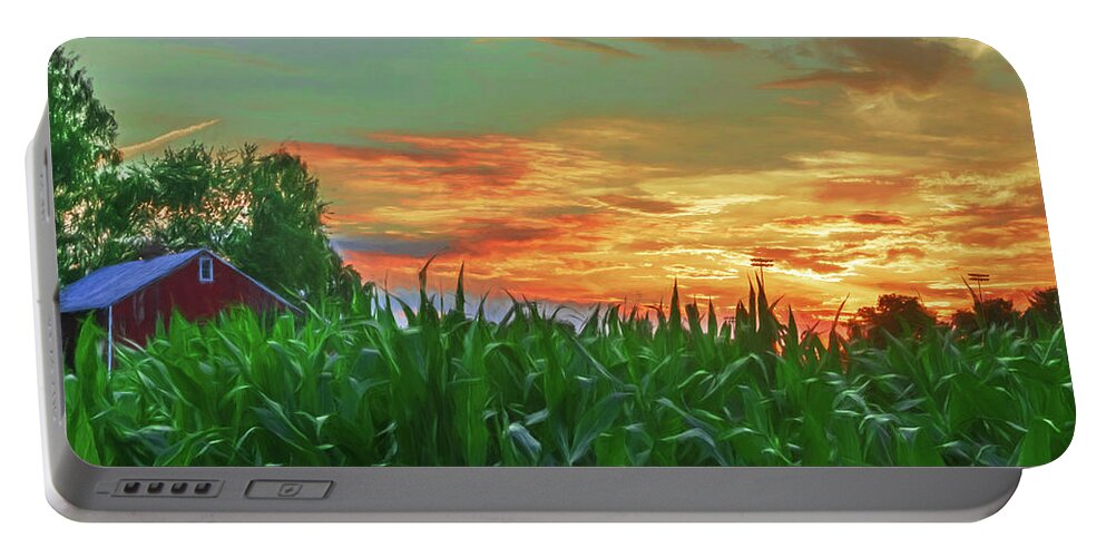Sunset Portable Battery Charger featuring the digital art Pennsylvania Farm Sunset by Jason Fink