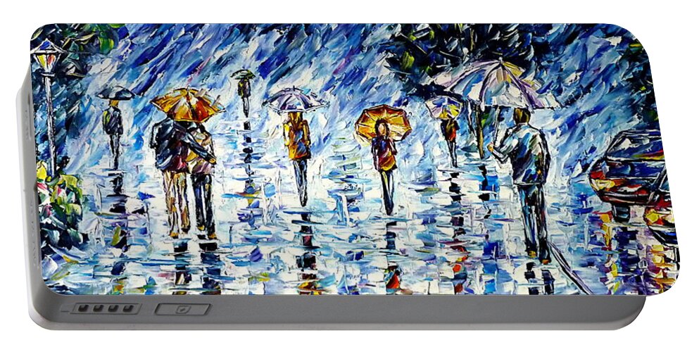 Rainy City Scenery Portable Battery Charger featuring the painting People In The Rain II by Mirek Kuzniar