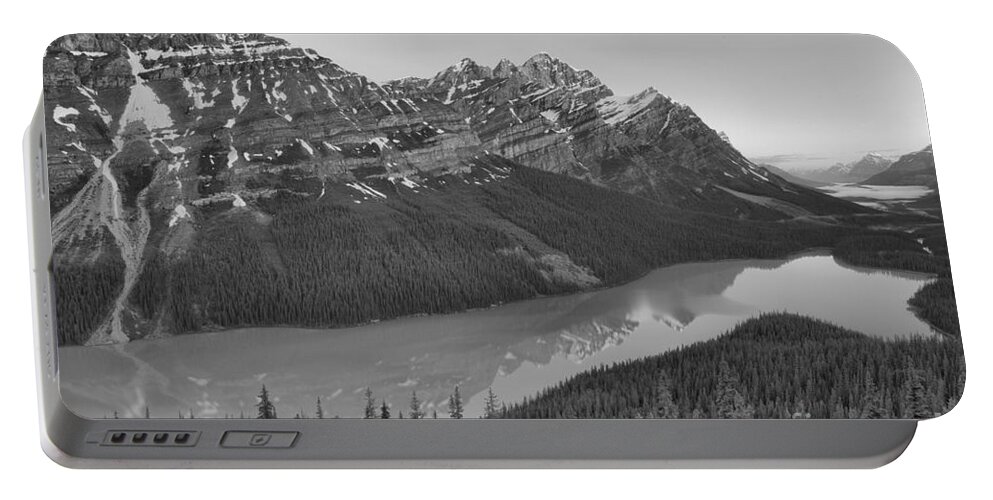 Peyto Lake Portable Battery Charger featuring the photograph Peyto Lake Red Tip Reflections Black And White by Adam Jewell