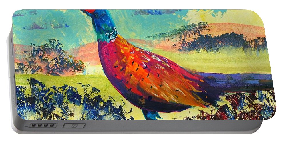 Pheasant Portable Battery Charger featuring the painting Pheasant walking in English countryside landscape painting by Mike Jory