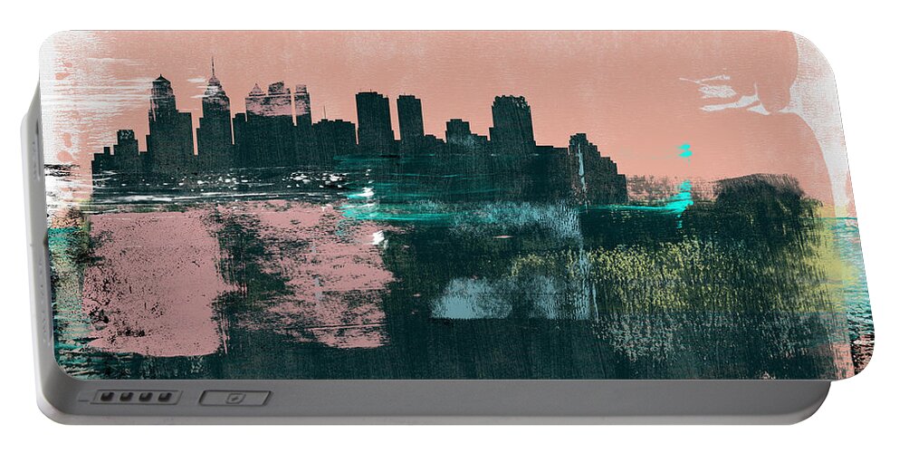 Philadelphia Portable Battery Charger featuring the mixed media Philadelphia Abstract Skyline II by Naxart Studio