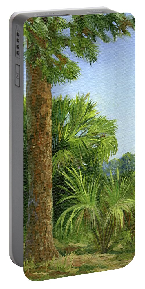 Landscape Portable Battery Charger featuring the painting Pine and Palms by Donna Tucker