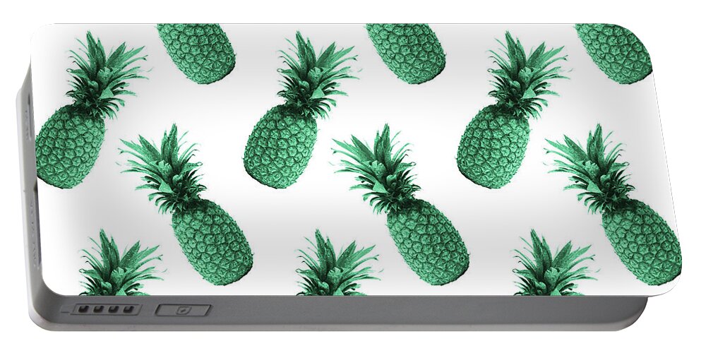 Pineapple Pattern Portable Battery Charger featuring the mixed media Pineapple Pattern - Tropical Pattern - Summer- Pineapple Wall Art - Blue, White - Minimal by Studio Grafiikka