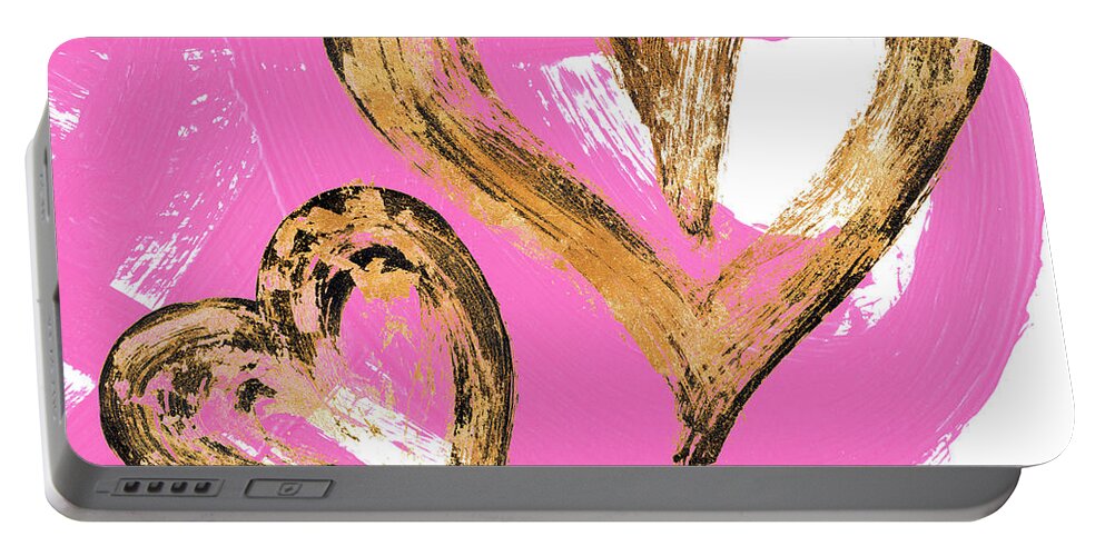 Pink Portable Battery Charger featuring the painting Pink and Gold Heart Strokes II by Gina Ritter