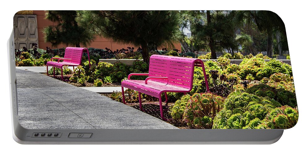 Grand Park Portable Battery Charger featuring the photograph Pink Chairs at Grand Park by Roslyn Wilkins