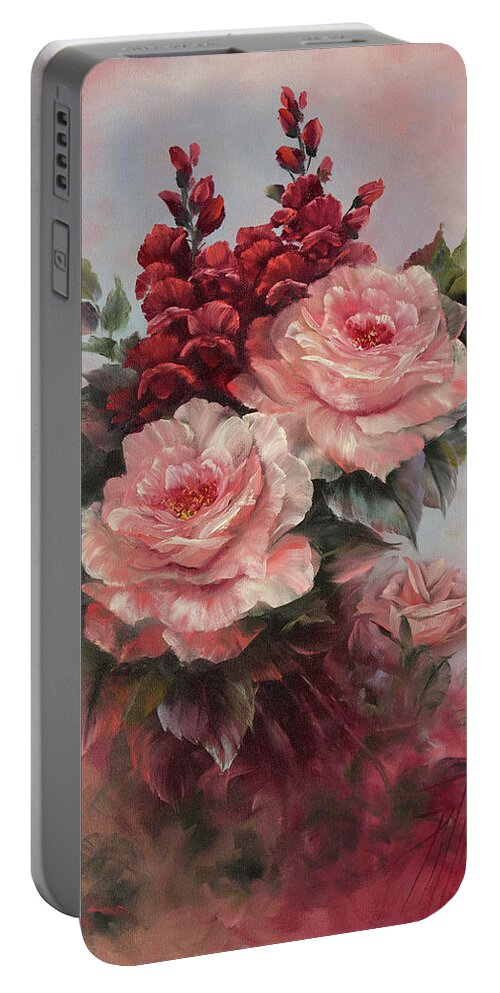 Floral Portable Battery Charger featuring the painting Roses and Snapdragons by Lynne Pittard