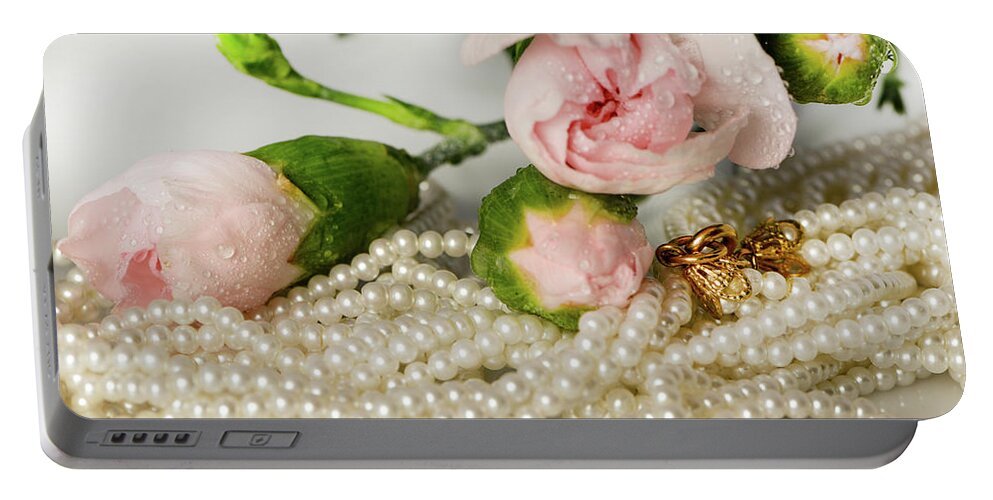 Pearls Portable Battery Charger featuring the photograph Pink roses with vintage pearls. by Cordia Murphy