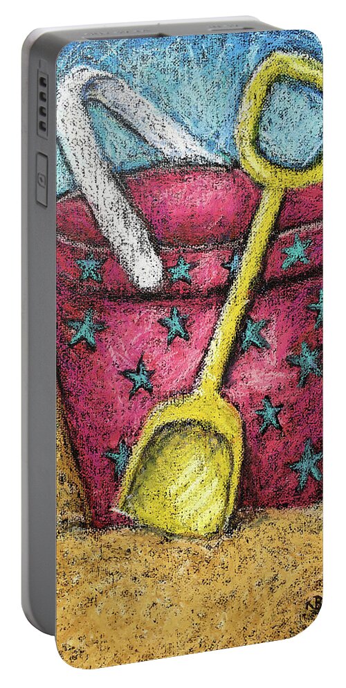 Bucket Portable Battery Charger featuring the painting Pink Sand Pail by Karla Beatty