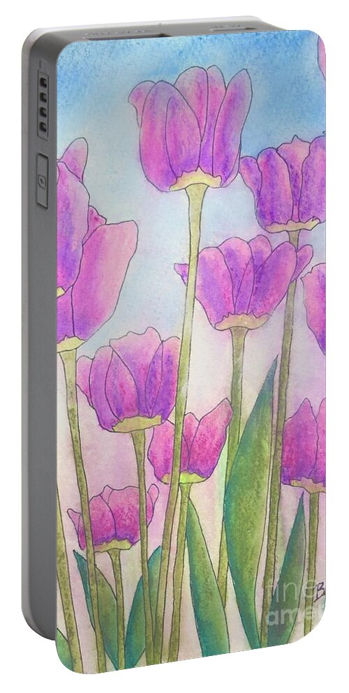 Barrieloustark Portable Battery Charger featuring the painting Pinkie Tulips by Barrie Stark