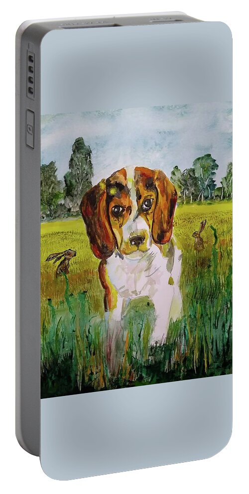 Beagle Portable Battery Charger featuring the painting Playmates by Mike Benton