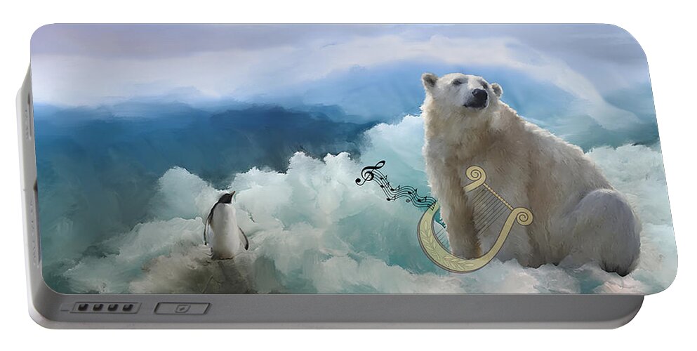 Polar Bears Portable Battery Charger featuring the mixed media Polar Bears Play the Lyre by Colleen Taylor