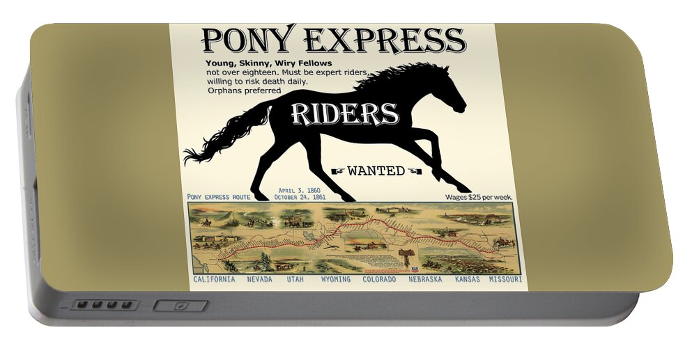 Pony Express Portable Battery Charger featuring the digital art Pony Express Want Ad by Lisa Redfern
