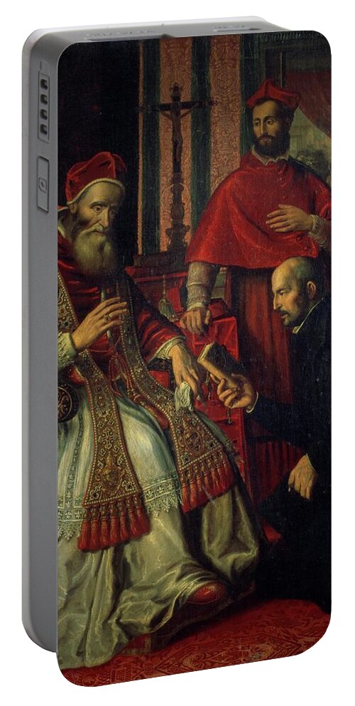 Ignatius Of Loyola Portable Battery Charger featuring the painting Pope Paul III -Alexander Farnese- -1468-1549- receives rule book of Jesuit order from St. Ignatiu... by Album