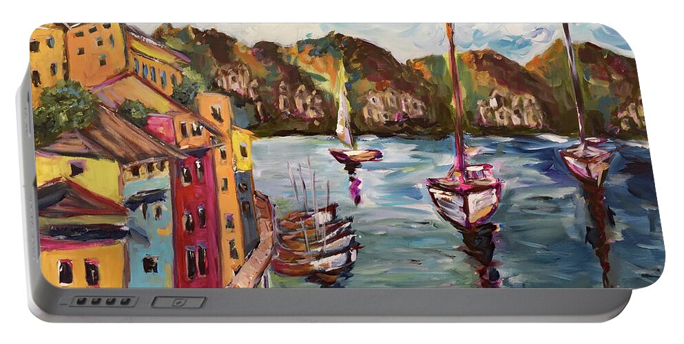 Portofino Portable Battery Charger featuring the painting Portofino Harbor by Roxy Rich