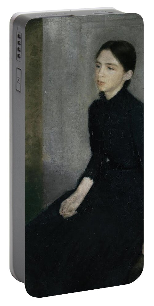 Vilhelm Hammershoi Portable Battery Charger featuring the painting Portrait of a young woman, 1885. The artist's sister Anna Hammershoi. Oil on Canvas. 112 x 91, 5 cm. by Vilhelm Hammershoi