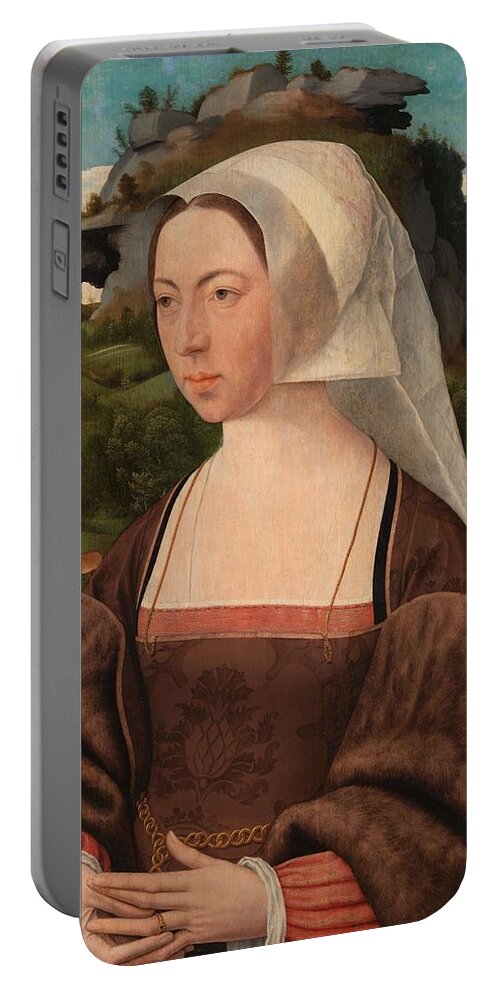 Jan Jansz Mostaert Portable Battery Charger featuring the painting Portrait of an Unknown Woman. Portrait of a woman. by Jan Jansz Mostaert