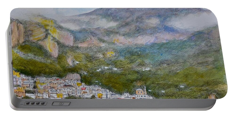 Clouds Portable Battery Charger featuring the painting Positano Morning Mists by Dai Wynn