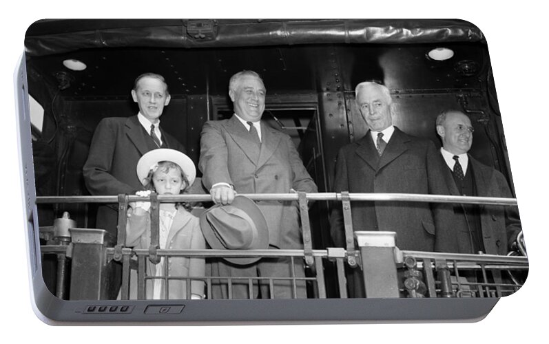 Fdr Portable Battery Charger featuring the photograph President Franklin Roosevelt Standing On Train - 1939 by War Is Hell Store