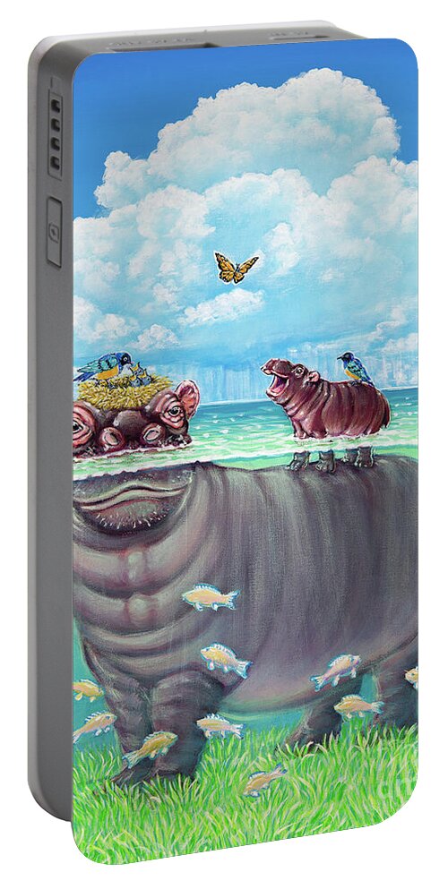 Hippopotamus Portable Battery Charger featuring the painting Proud Parents by Elisabeth Sullivan