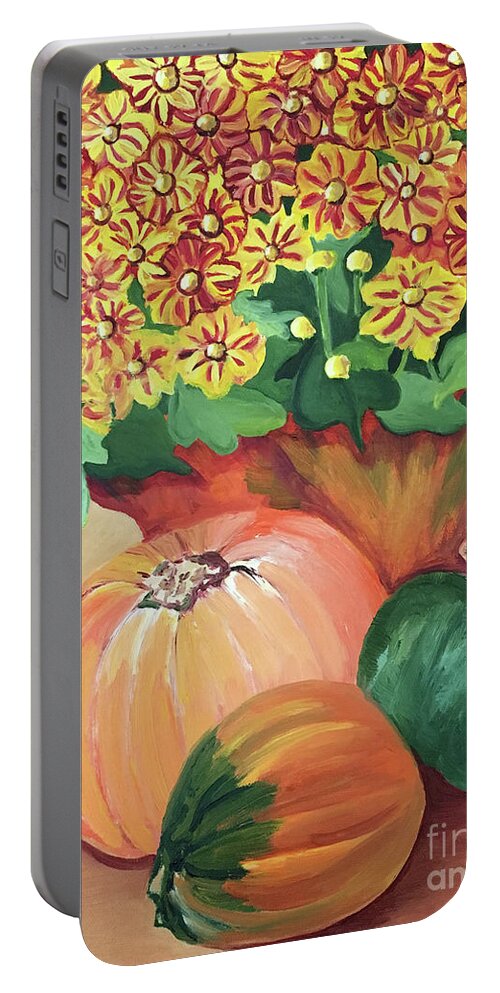 Pumpkin With Flowers By Annette M Stevenson;fall Season Collection By Annette M Stevenson Portable Battery Charger featuring the painting Pumpkin with Flowers by Annette M Stevenson