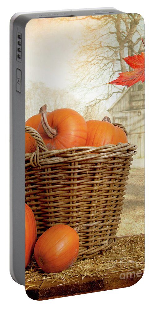 Pumpkin Portable Battery Charger featuring the photograph Pumpkins In A Wicker Basket Scene by Ethiriel Photography