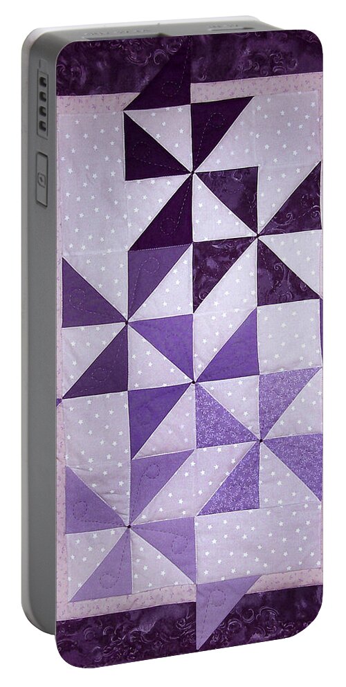 Art Quilt Portable Battery Charger featuring the tapestry - textile Purple Pinwheels Pirouetting by Pam Geisel