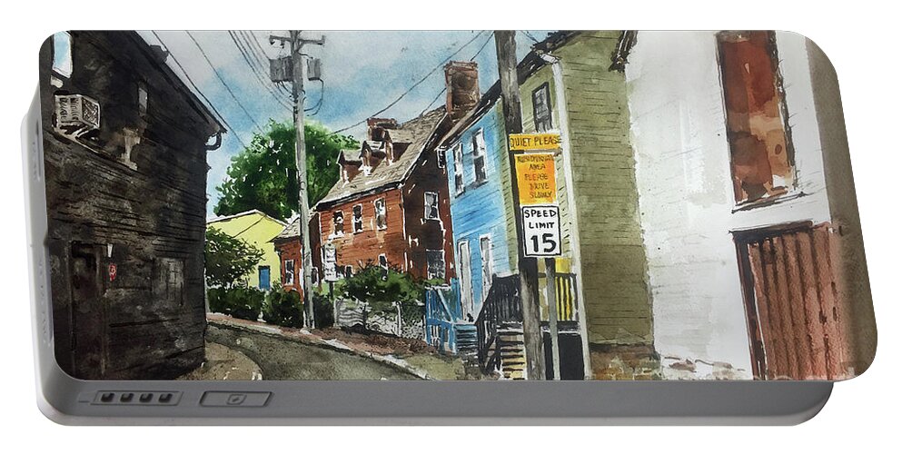 A Small Narrow Street In Annapolis Portable Battery Charger featuring the painting Quiet Please by Monte Toon