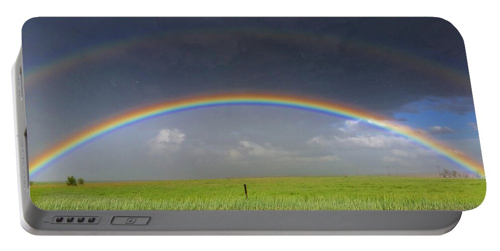 Weather Portable Battery Charger featuring the photograph Rainbow and the Open Road by Ally White