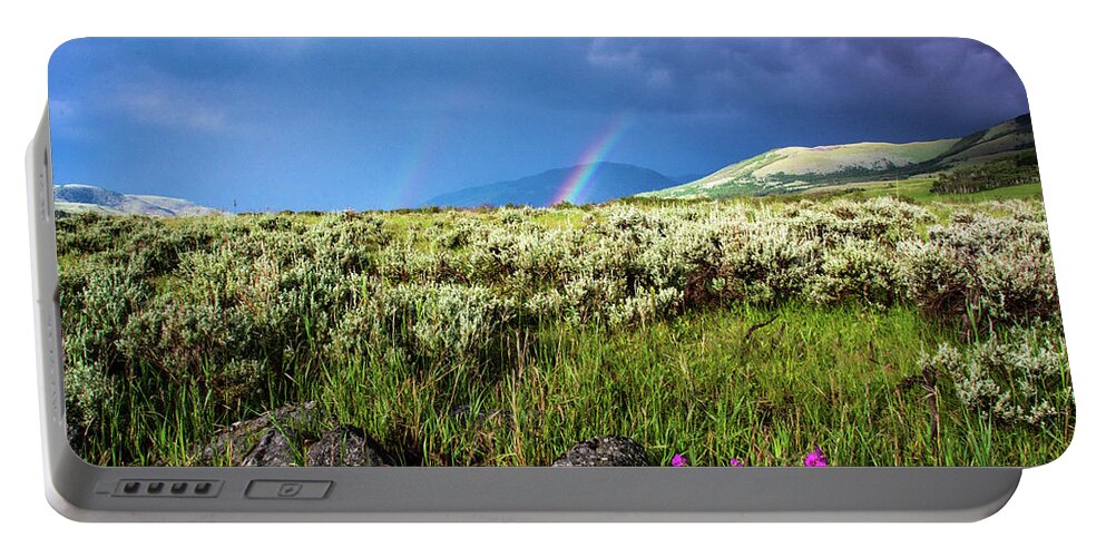 Storm Portable Battery Charger featuring the photograph Rainbow over Tom Miner Basin by Douglas Wielfaert