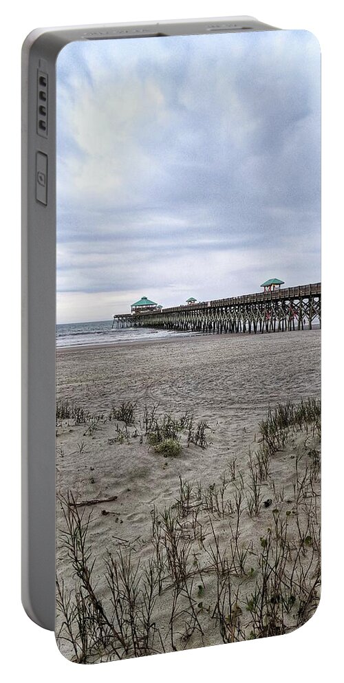 Cloudy Portable Battery Charger featuring the photograph Rainy Beach Day by Portia Olaughlin