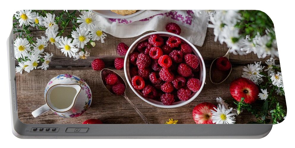 Photo Portable Battery Charger featuring the photograph Raspberry breakfast by Top Wallpapers