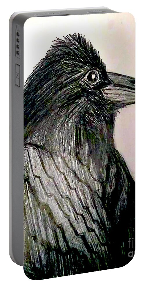 Raven Portable Battery Charger featuring the drawing Raven by Genevieve Esson