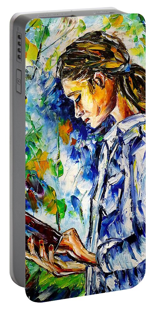 Girl With A Book Portable Battery Charger featuring the painting Reading Outdoors by Mirek Kuzniar