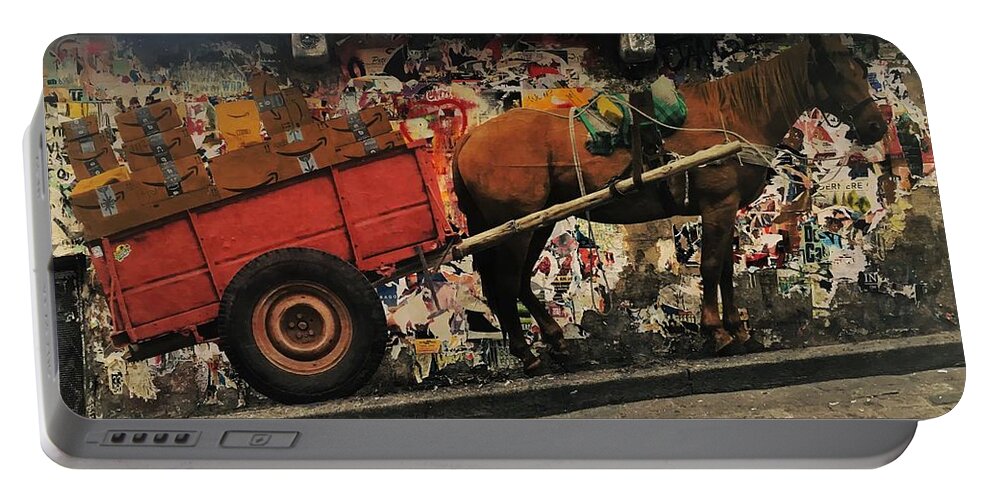 Mural Portable Battery Charger featuring the photograph Realistic Horse and Cart Mural by Jerry Abbott