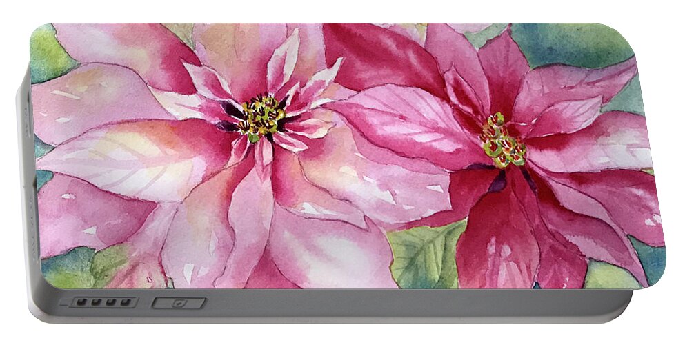 Poinsettia Portable Battery Charger featuring the painting Red and Pink Poinsettias by Hilda Vandergriff