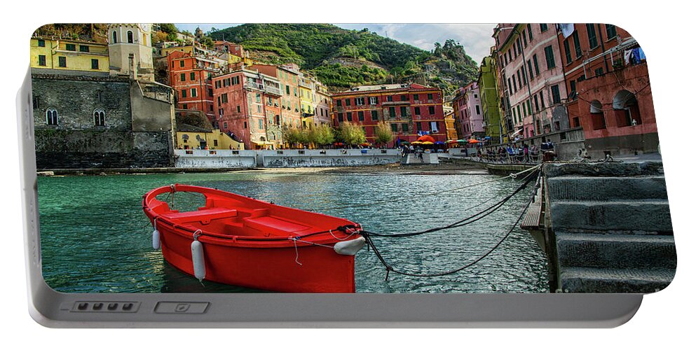 Vernazza Portable Battery Charger featuring the photograph Red Boat Vernazza Cinque Terre by Wayne Moran