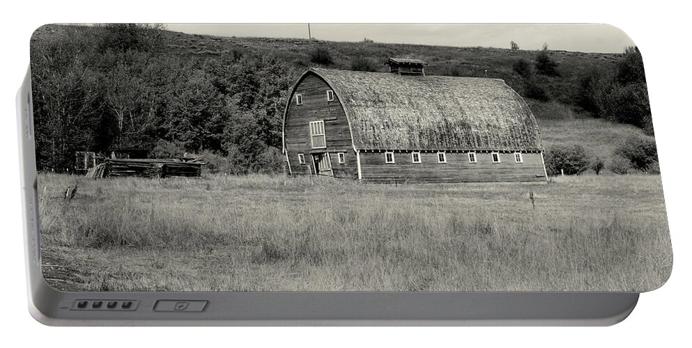 Barn Portable Battery Charger featuring the photograph Red Lodge MT Barn Black and white by Cathy Anderson