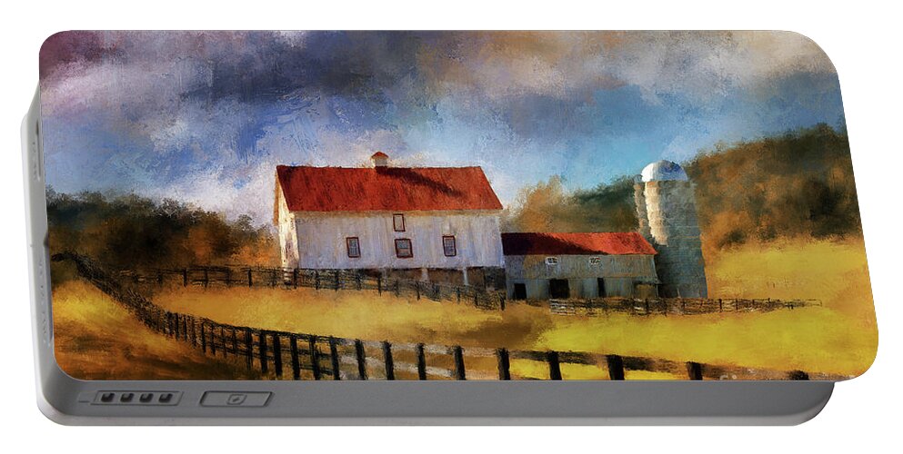 Barn Portable Battery Charger featuring the digital art Red Roof Barn In Autumn by Lois Bryan
