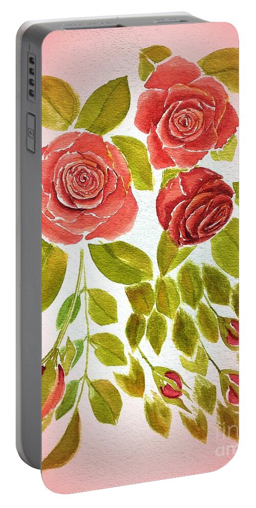 Red Portable Battery Charger featuring the painting Red Rose Floral Pre Framed by Delynn Addams
