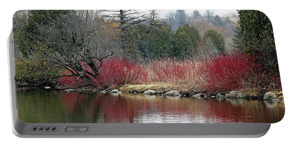 Guelph Portable Battery Charger featuring the photograph Red Splash On Pond Early Spring by Debbie Oppermann