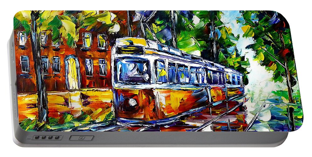 Trolley Lovers Portable Battery Charger featuring the painting Red Trolley by Mirek Kuzniar