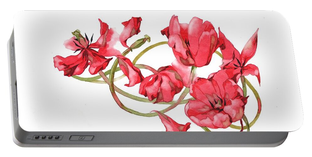 Russian Artists New Wave Portable Battery Charger featuring the painting Red Tulips Vignette by Ina Petrashkevich