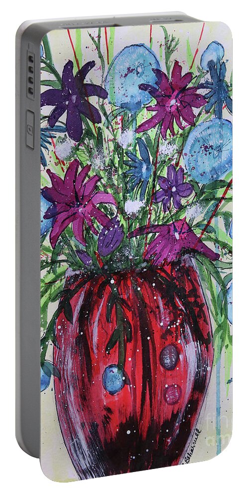 Blue Portable Battery Charger featuring the painting Red Vase of Whimsy Abstract by Cathy Beharriell