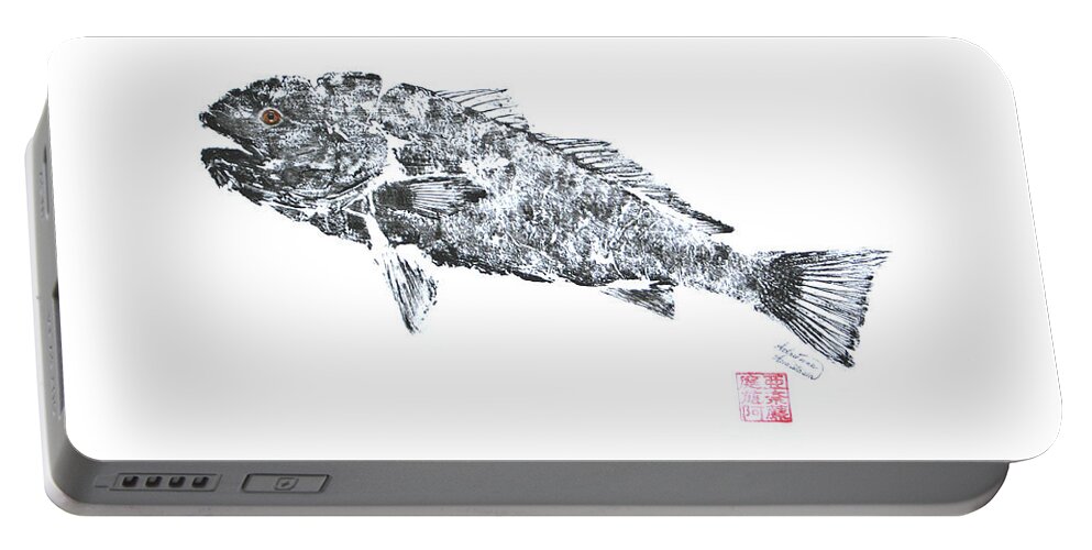 Fish Portable Battery Charger featuring the painting Redfish Ascending - Black and White by Adrienne Dye