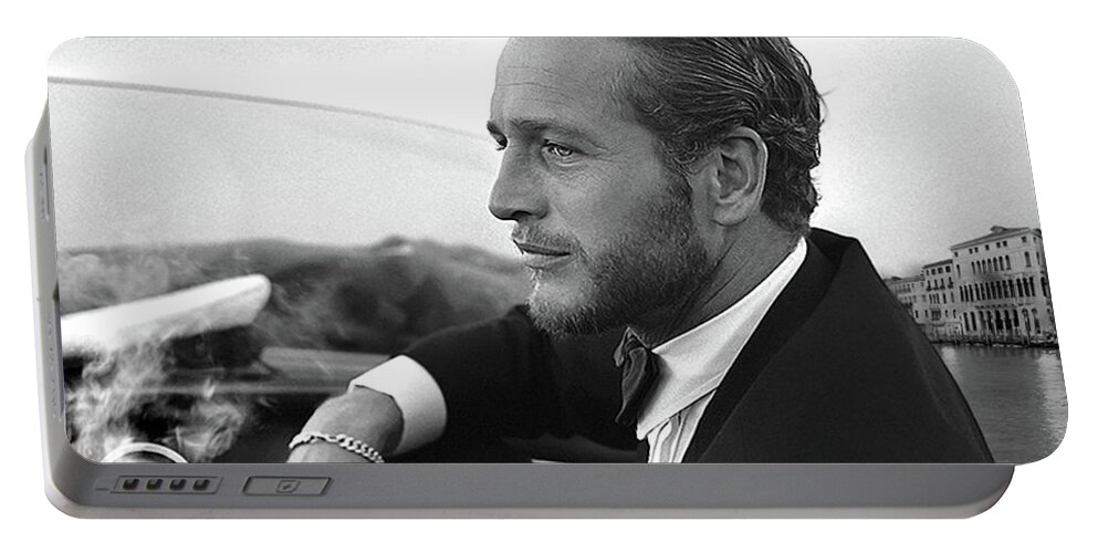 Paul Newman Portable Battery Charger featuring the mixed media Reflecting, Paul Newman, movie star, cruising Venice, enjoying a Cuban cigar, black and white by Thomas Pollart