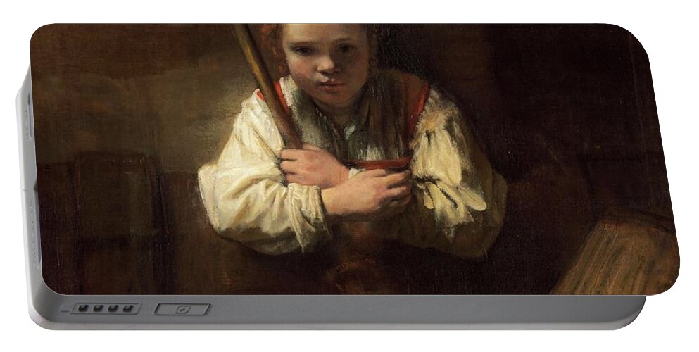 Oil On Canvas Portable Battery Charger featuring the painting Rembrandt Workshop -Possibly Carel Fabritius- A Girl with a Broom. by Rembrandt Workshop -Possibly Carel Fabritius-