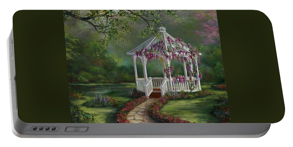 Gazebo Portable Battery Charger featuring the painting Gazebo Rendezvous by Lynne Pittard