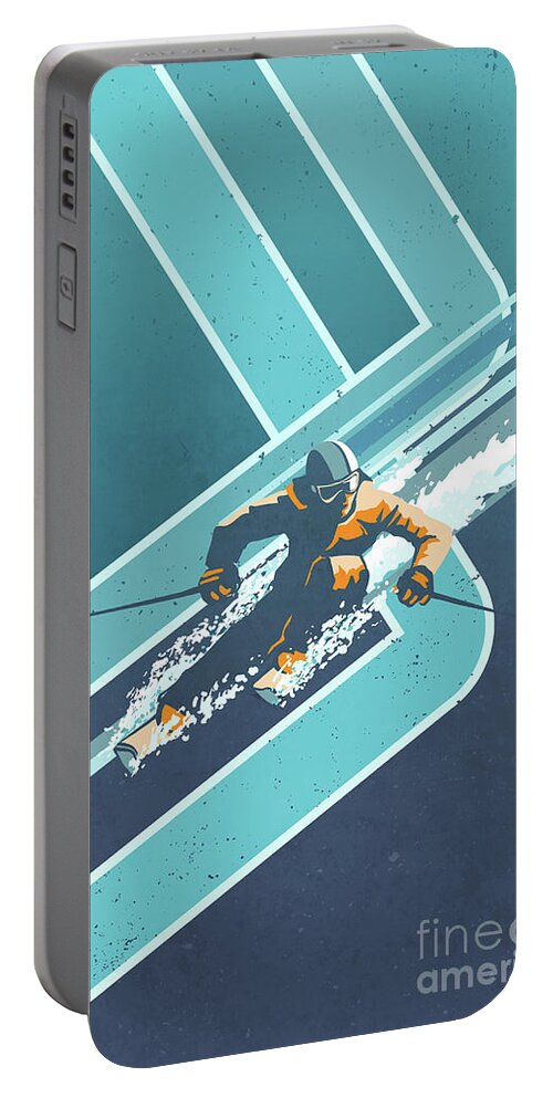 Retro Ski Art Portable Battery Charger featuring the digital art Retro Alpine Ski Poster by Sassan Filsoof